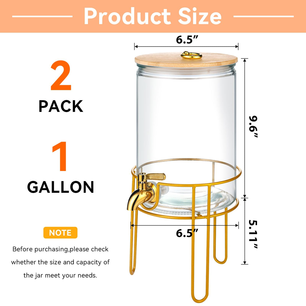 1 Gallon Glass Beverage Dispenser with Spigot, 2 Pack W452