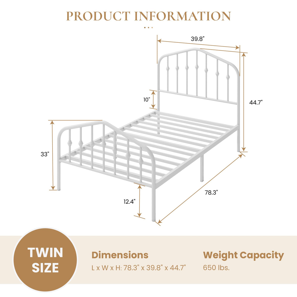 Twin Size White Metal Bed Frame with Wrought Iron-Art Headboard M142
