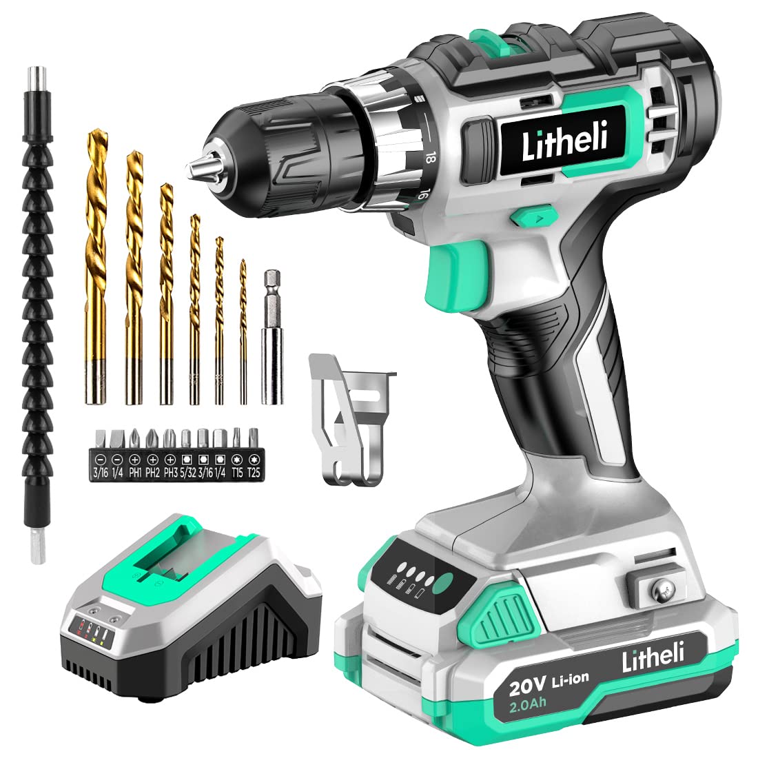 Cordless Drill Set 20V Max 3/8" Keyless Chuck Q318755
