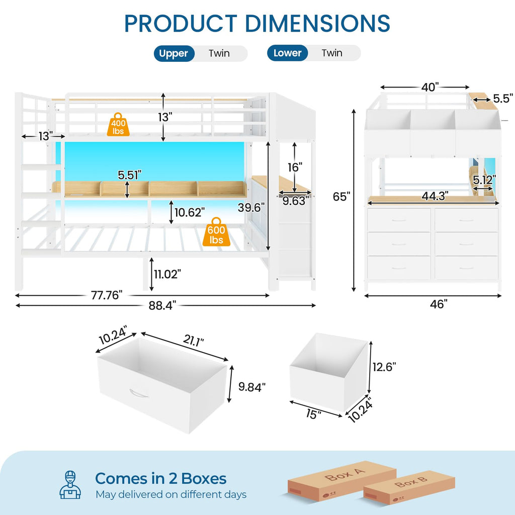 Twin Over Twin Bunk Bed with 6 Storage Drawers, Shelves, LED Lights and Ladder G301020