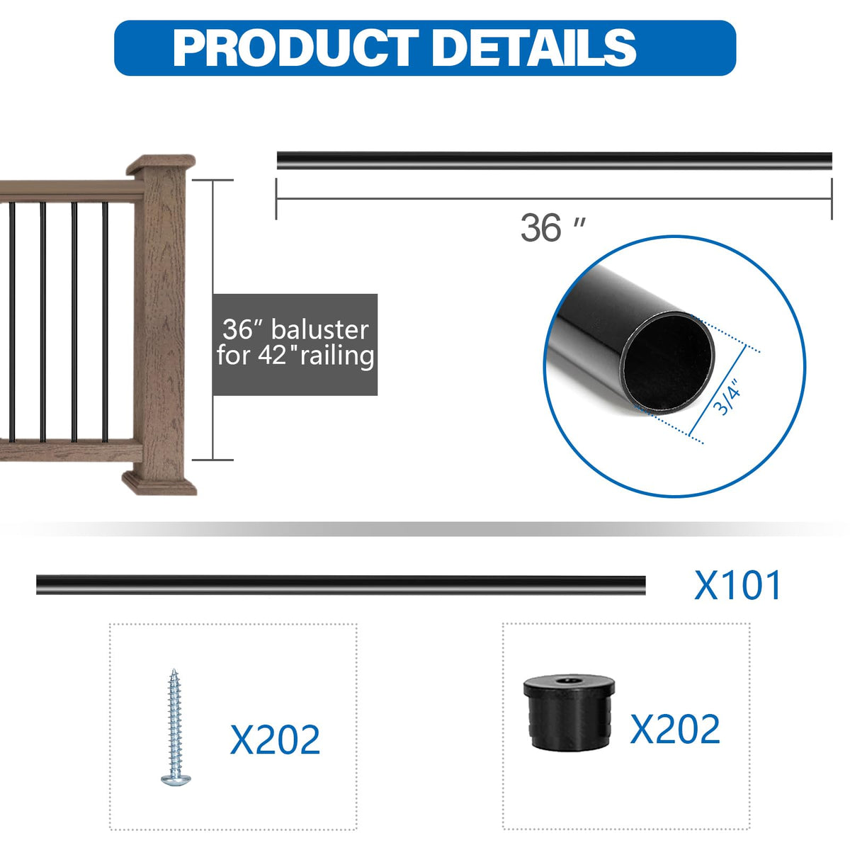 101 Pack 36" Round Black Aluminum Deck Balusters O832