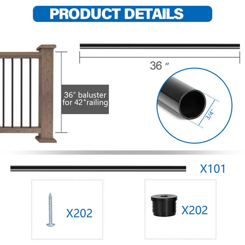 101 Pack 36" Round Black Aluminum Deck Balusters O832