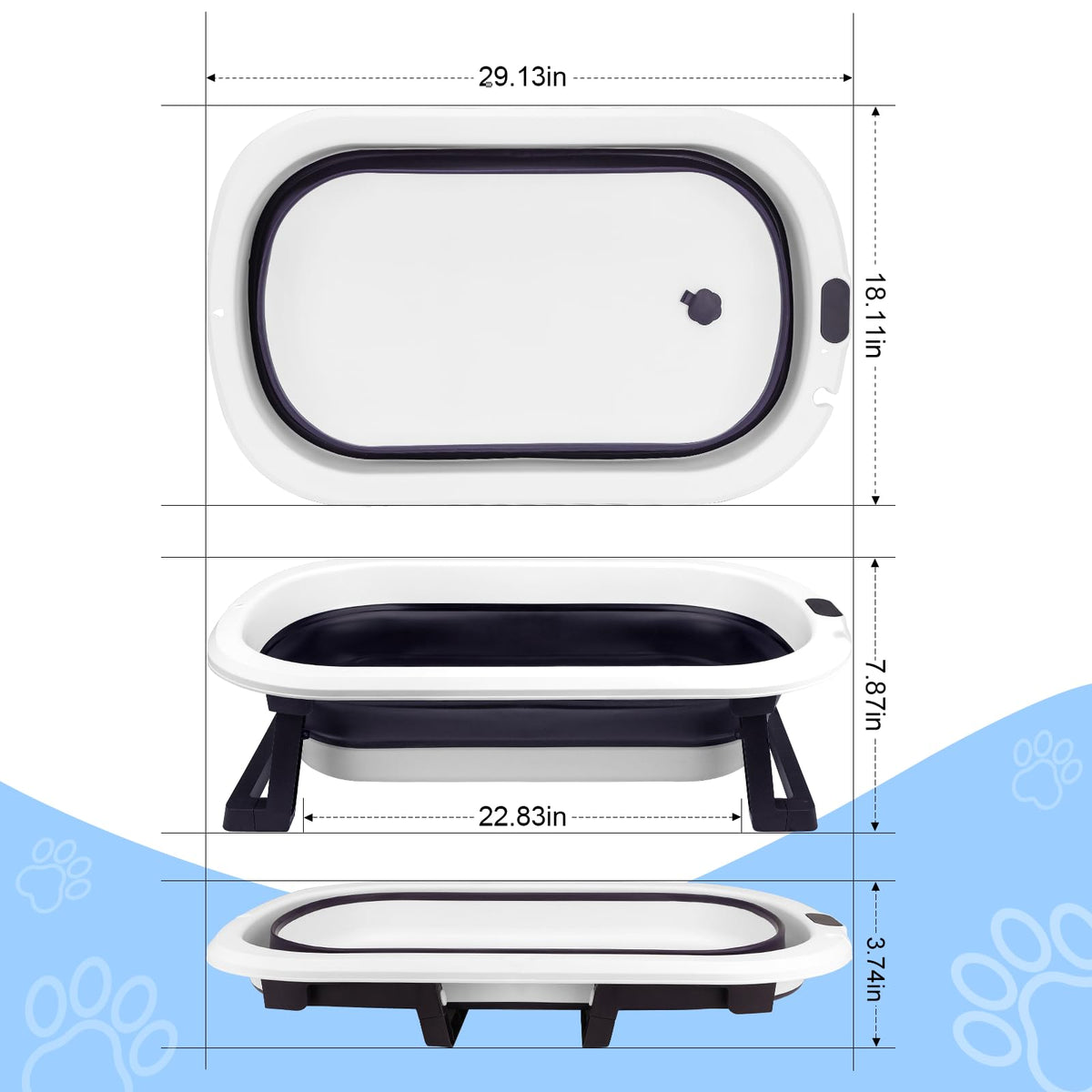 Collapsible Pet Bathtub with Water Drain Plug and Grooming Brush C1356