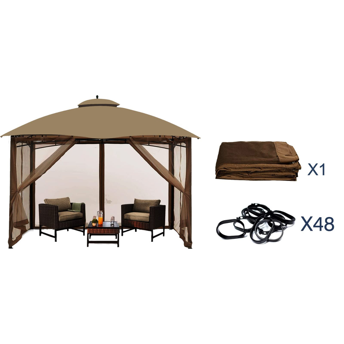 10' x 10' 4-Panel Mosquito Netting Sidewall Curtain with Zipper (Brown) Q561