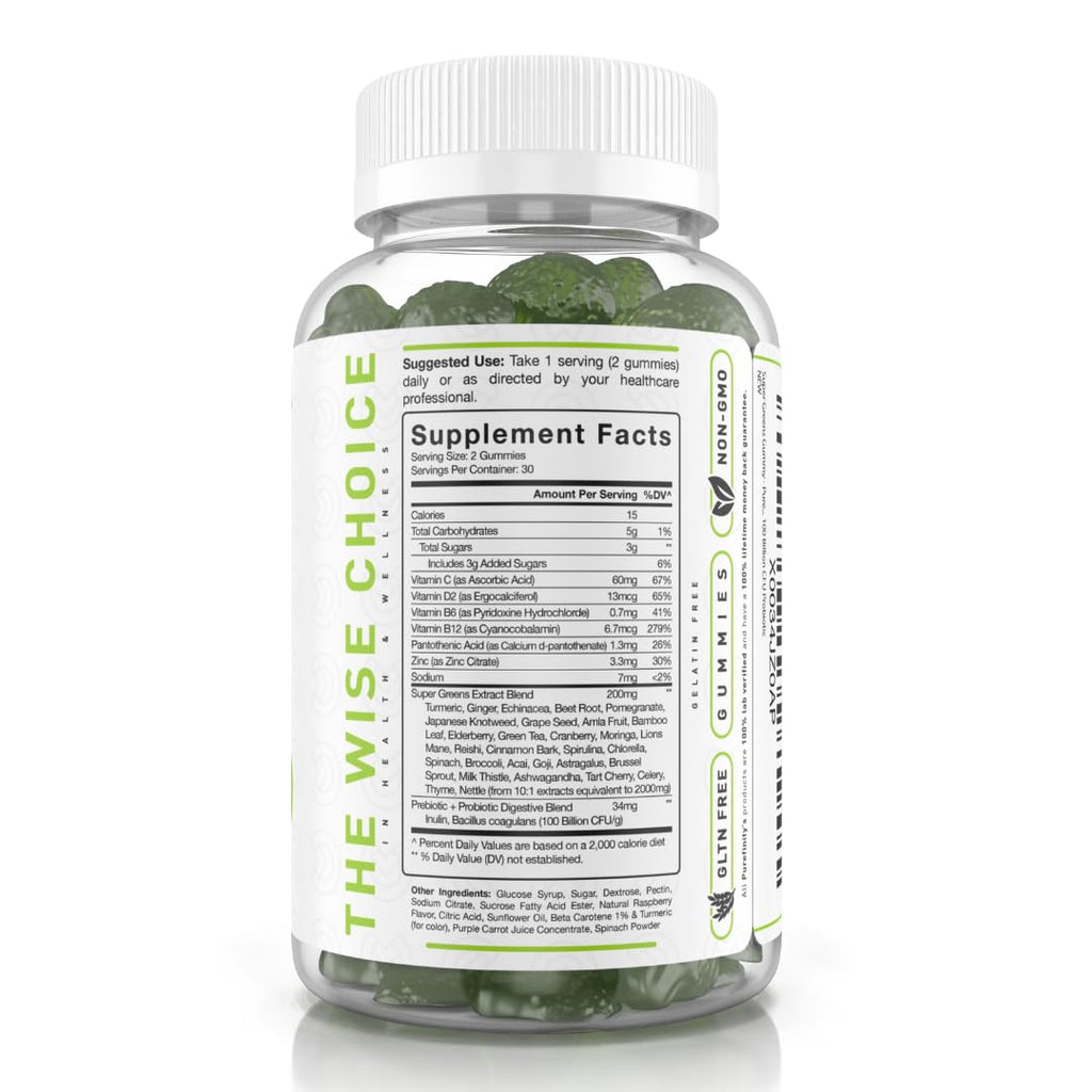 Super Greens Gummies with Spirulina, Spinach, Broccoli, Beet Root, Acai, Vegan, 60 Count A584