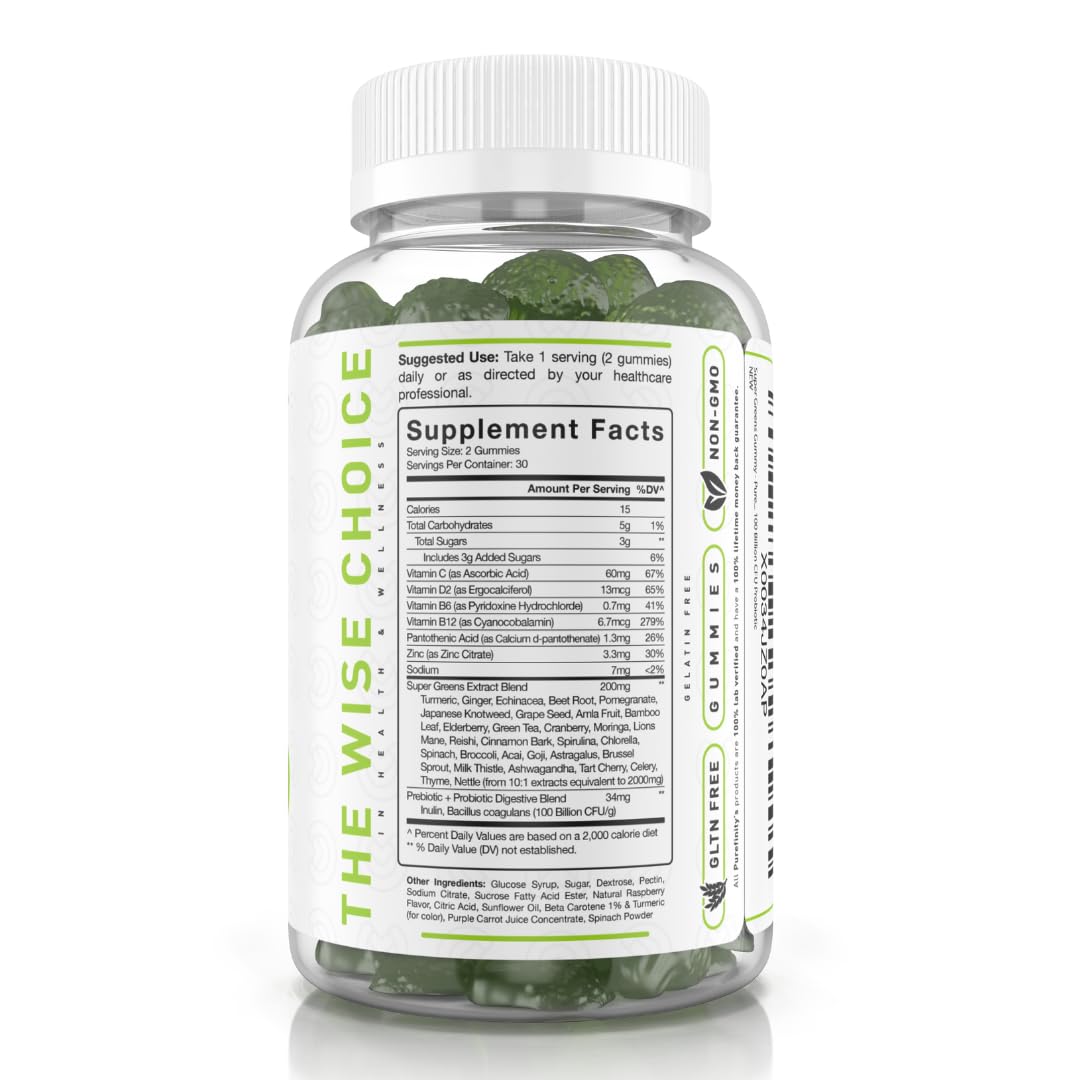 Super Greens Gummies with Spirulina, Spinach, Broccoli, Beet Root, Acai, Vegan, 60 Count A584