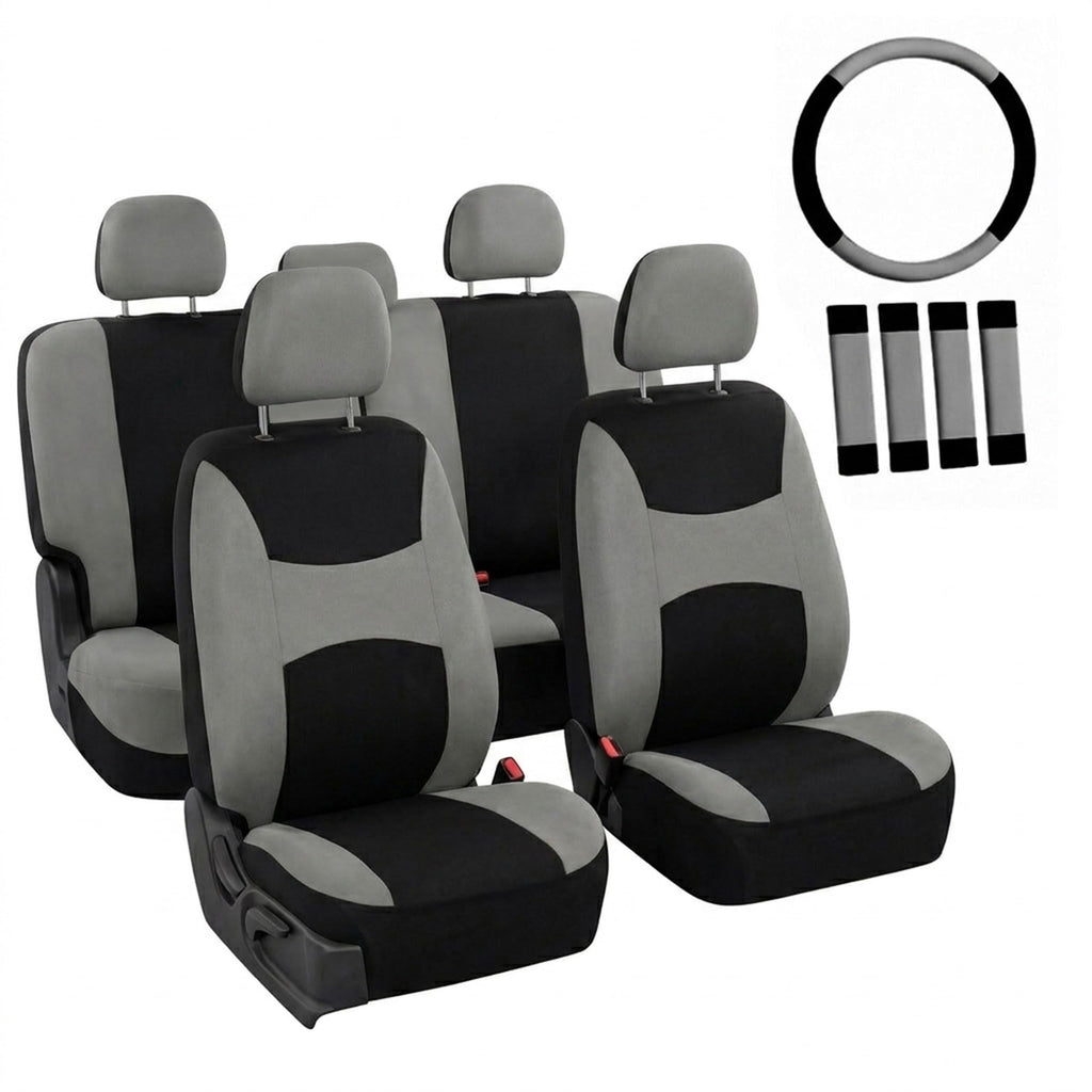 Gray Black Universal Fit Automotive Seat Covers Combo Set with Steering Wheel Cover and Seat Belt Pad X5182