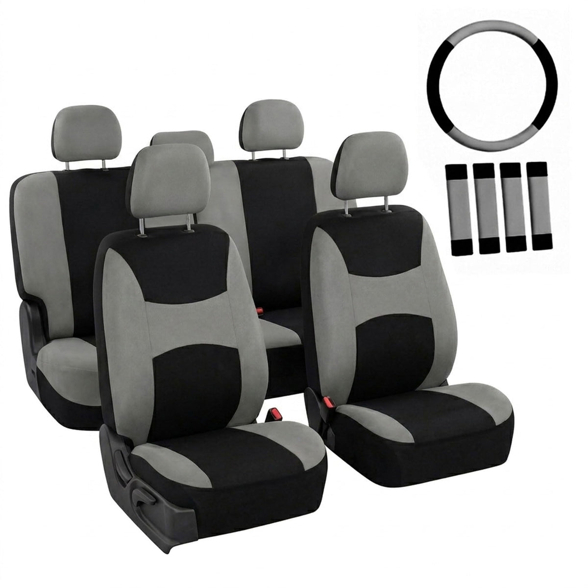 Gray Black Universal Fit Automotive Seat Covers Combo Set with Steering Wheel Cover and Seat Belt Pad X5182
