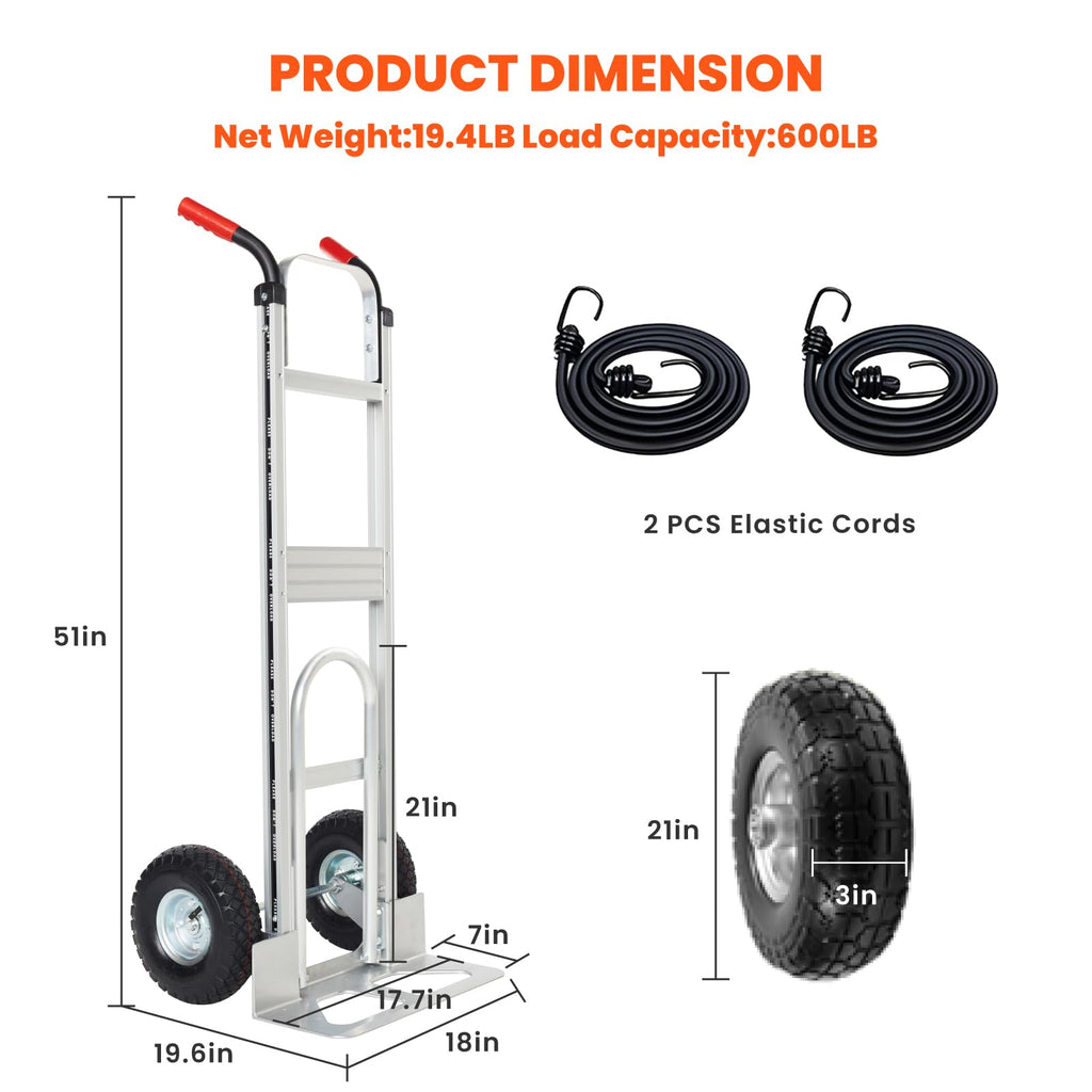 Aluminum Hand Truck Dolly Cart with 10" Pneumatic Tire, 600 LBS Capacity B523
