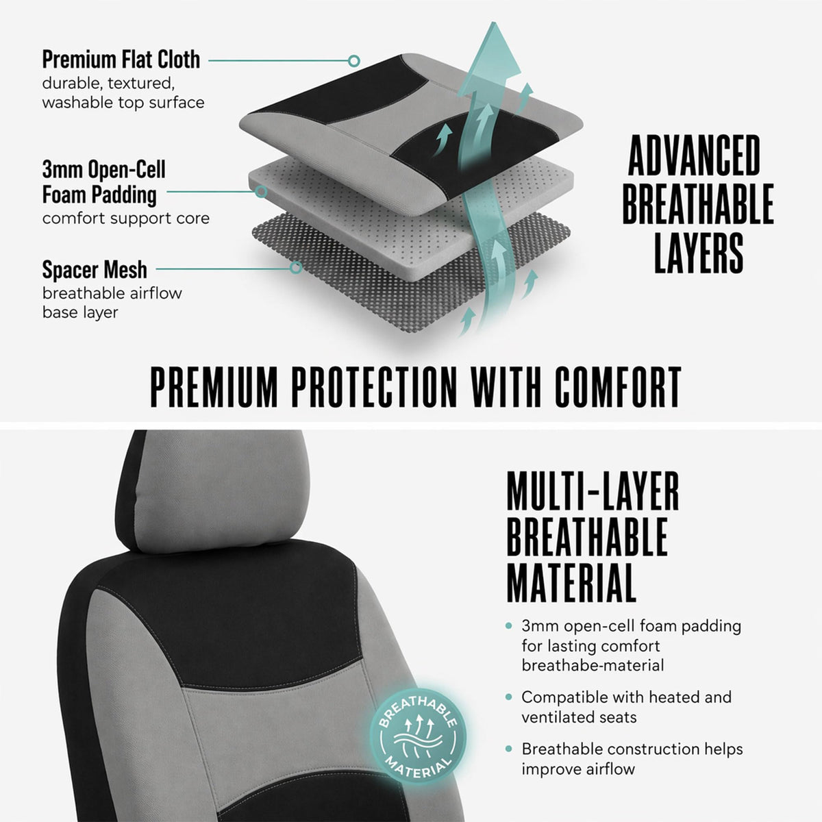 Gray Black Universal Fit Automotive Seat Covers Combo Set with Steering Wheel Cover and Seat Belt Pad X5182