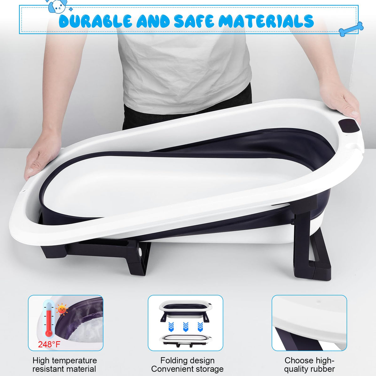 Collapsible Pet Bathtub with Water Drain Plug and Grooming Brush C1356