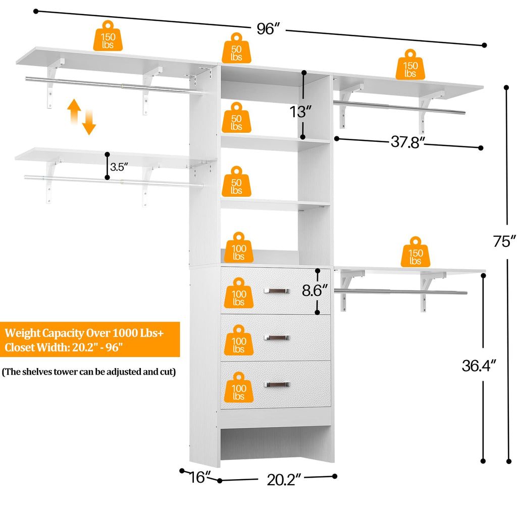 8FT White Wood Closet Organizer System with Drawer U47059