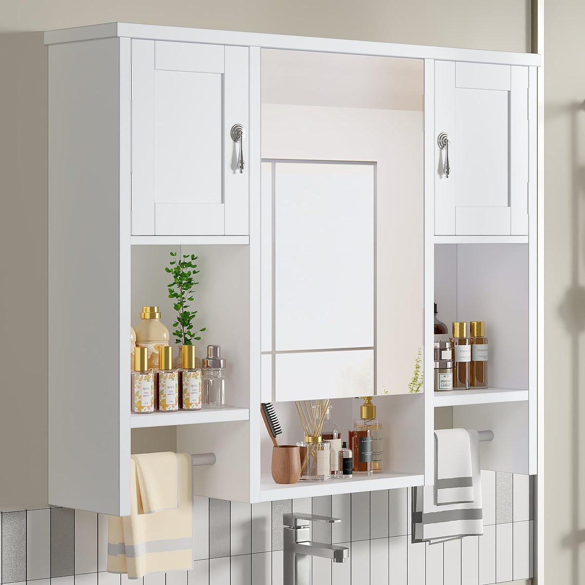Large White Wall Mounted Bathroom Cabinet with Mirror Q4123