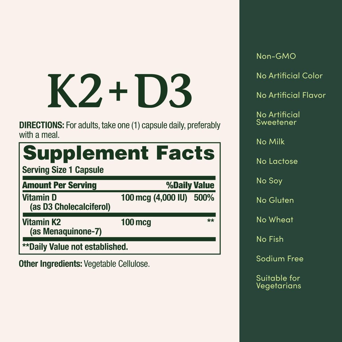 Vitamin D3 K2 Supplement 4000 IU 100 mcg 30 Vegetarian Capsules L26416