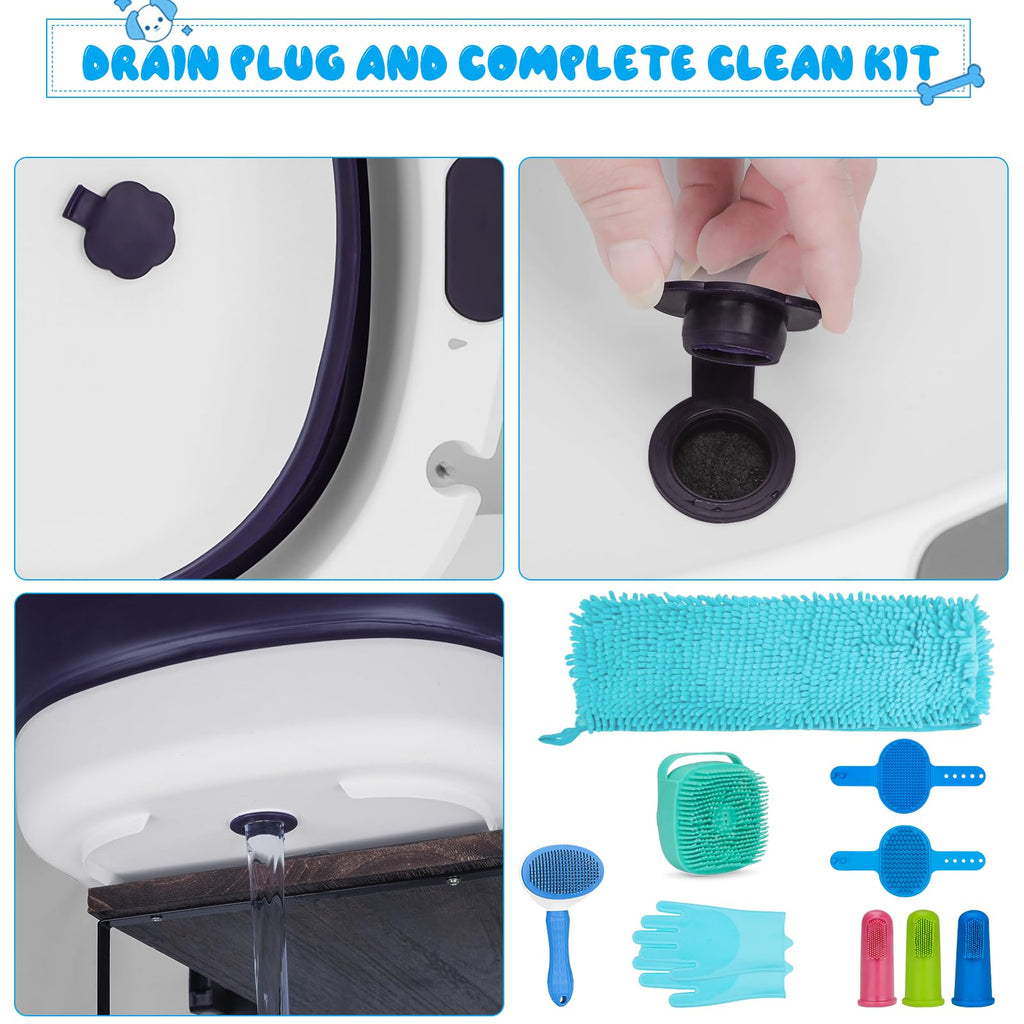 Collapsible Pet Bathtub with Water Drain Plug and Grooming Brush C1356