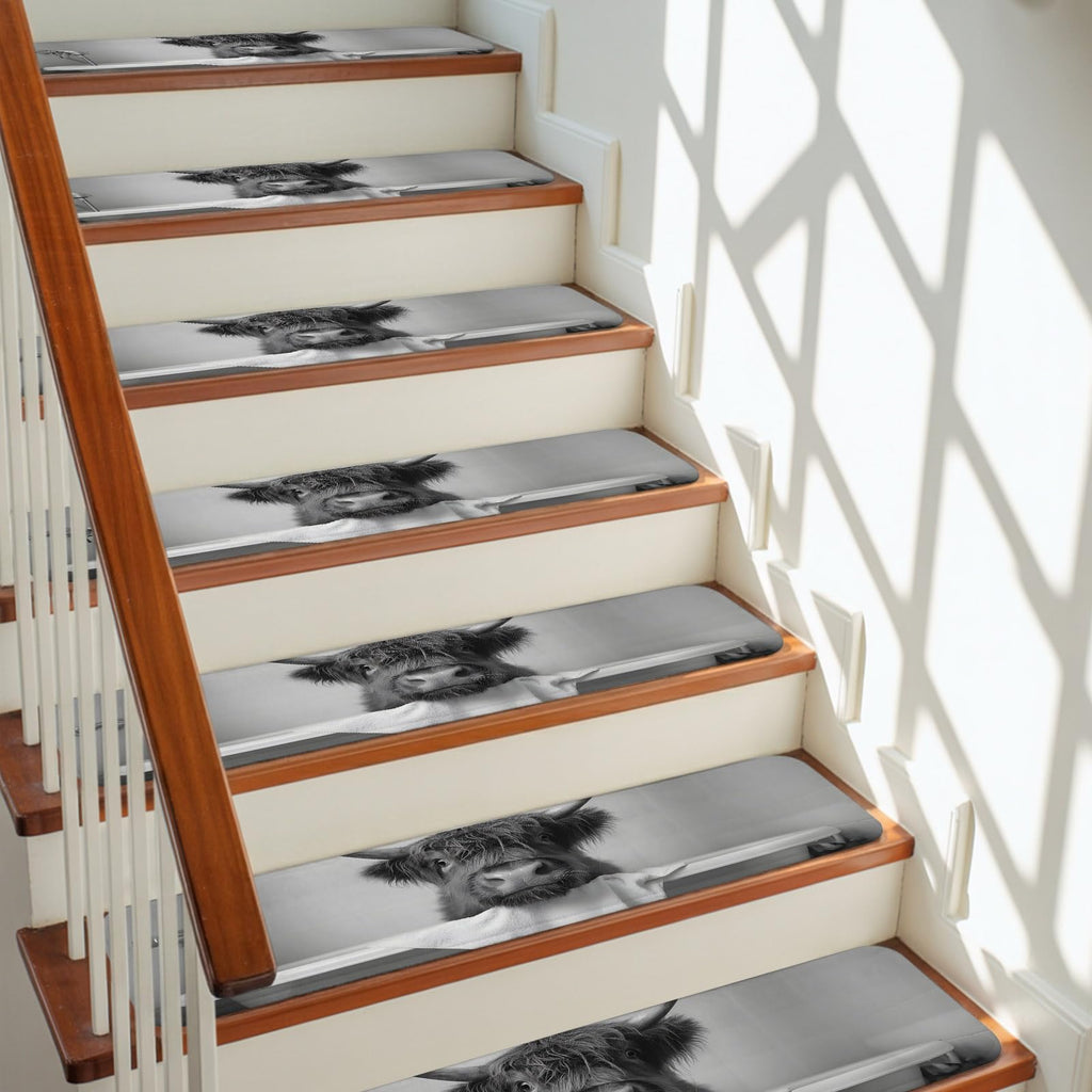 Highland Cow Non Slip Carpet Stair Treads Set of 4 Grey 30"x8" W160
