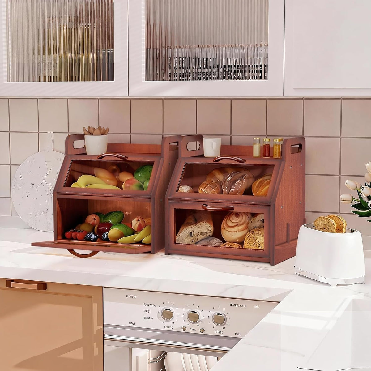 Large Double Layer Bamboo Bread Box with Clear Window O824860
