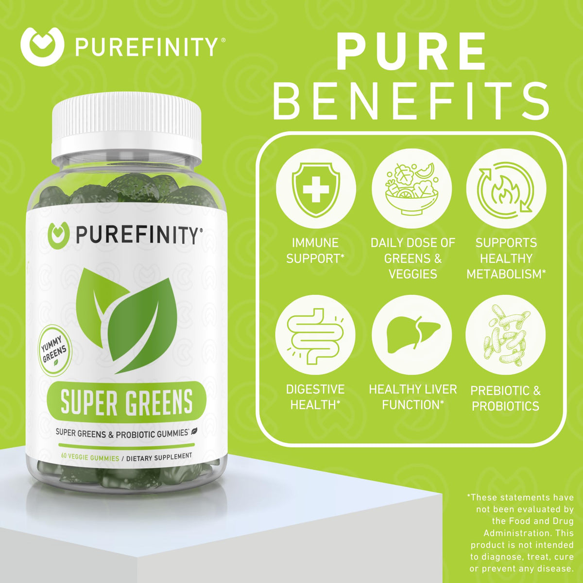 Super Greens Gummies with Spirulina, Spinach, Broccoli, Beet Root, Acai, Vegan, 60 Count A584