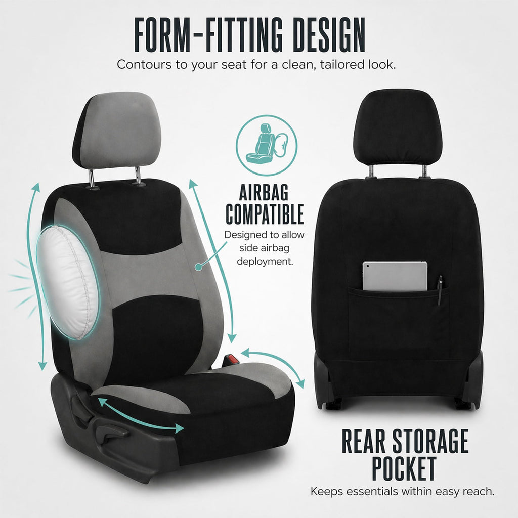 Gray Black Universal Fit Automotive Seat Covers Combo Set with Steering Wheel Cover and Seat Belt Pad X5182