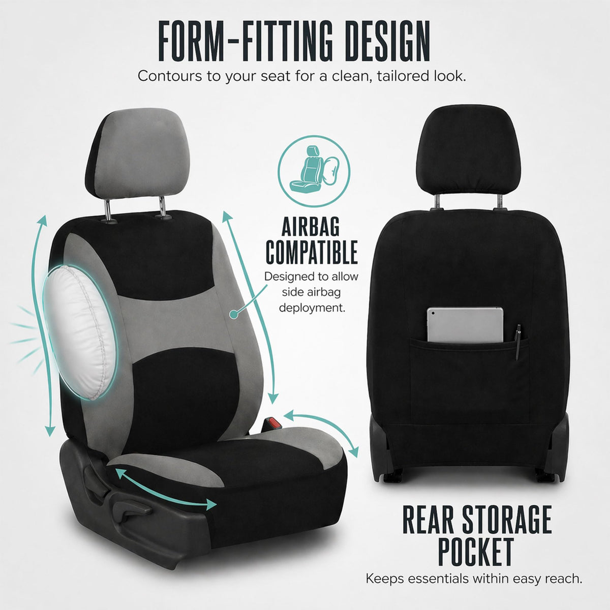 Gray Black Universal Fit Automotive Seat Covers Combo Set with Steering Wheel Cover and Seat Belt Pad X5182