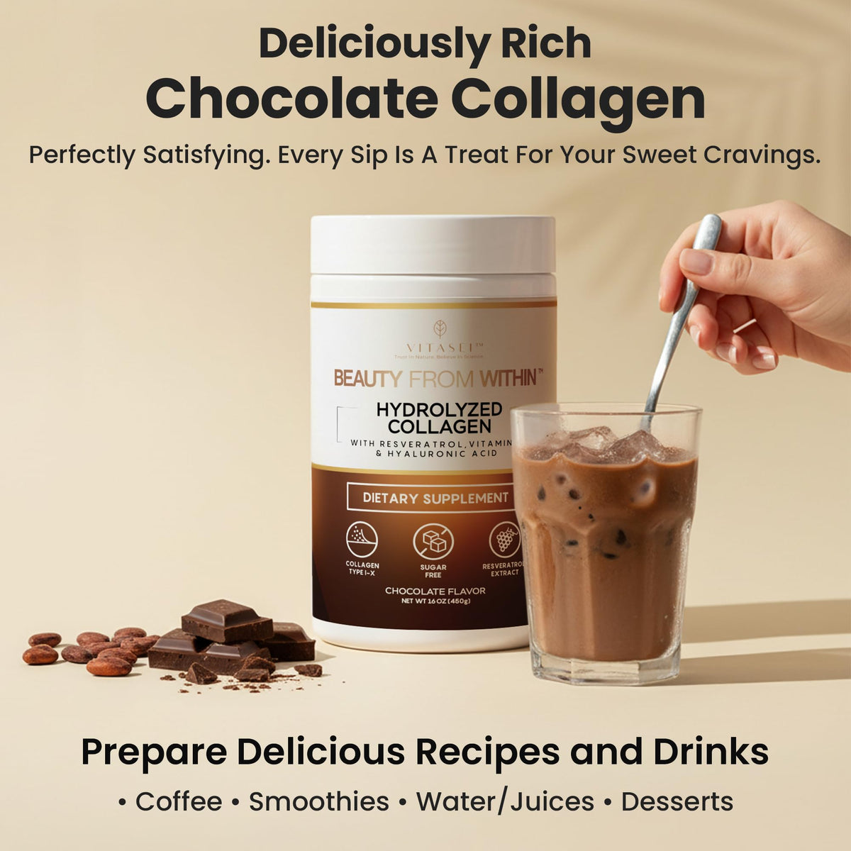 Hydrolyzed Collagen Peptide Powder Drink Chocolate Flavored 16oz K1207