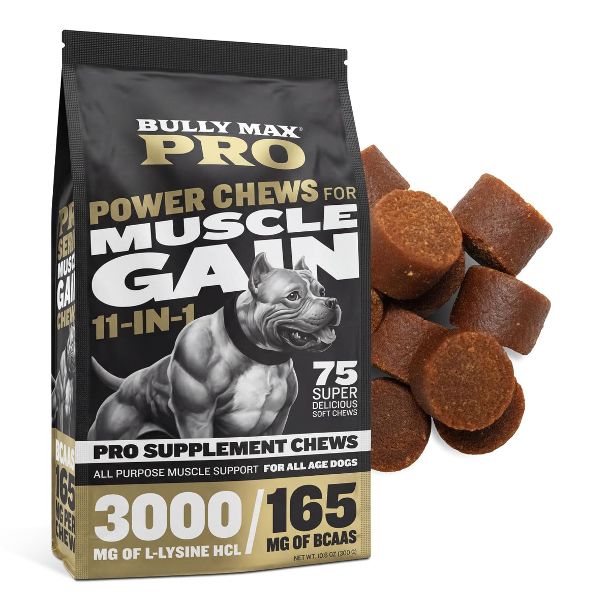 11-in-1 Dog Muscle Builder Power Chews - High Protein Supplement with Amino Acids - 75 Soft Chews Q1909