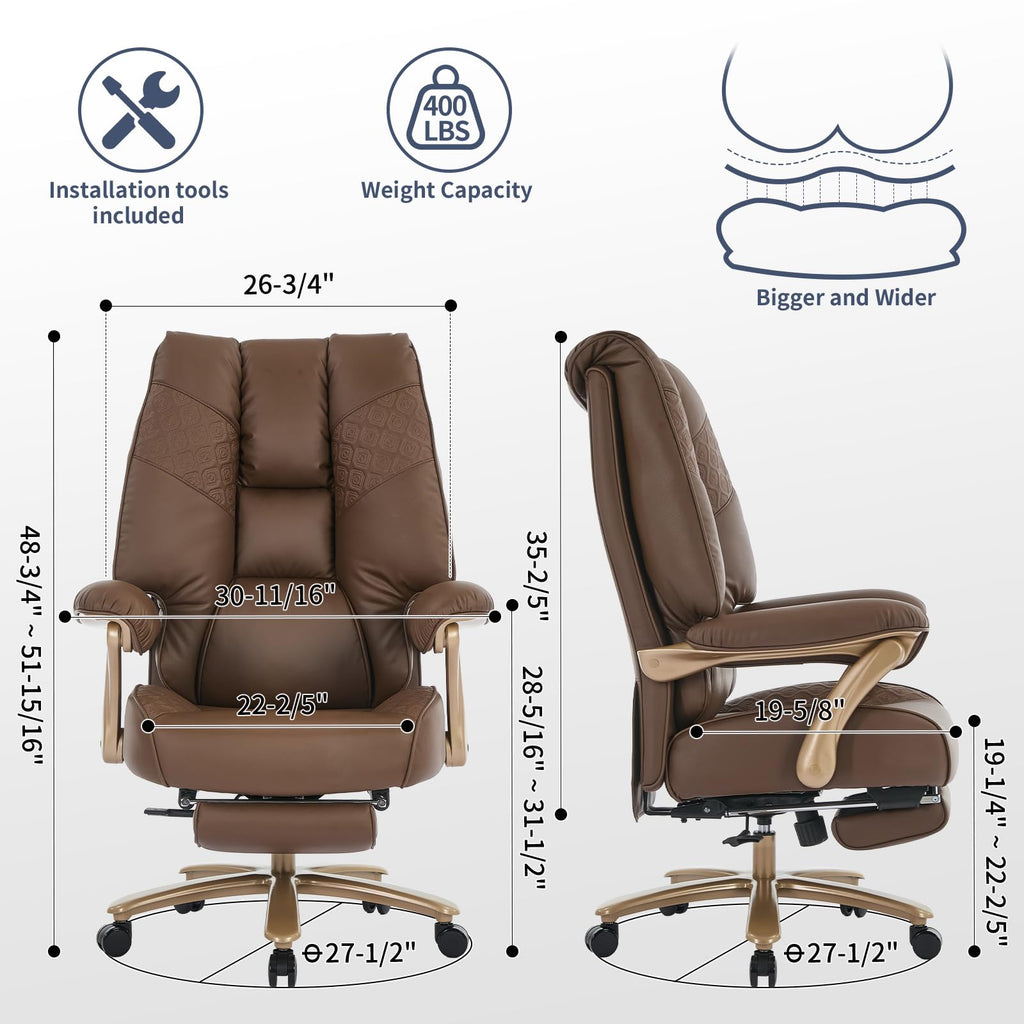 Big and Tall Ergonomic Office Chair with Footrest, 400LBS Capacity Brown PU Leather G105699