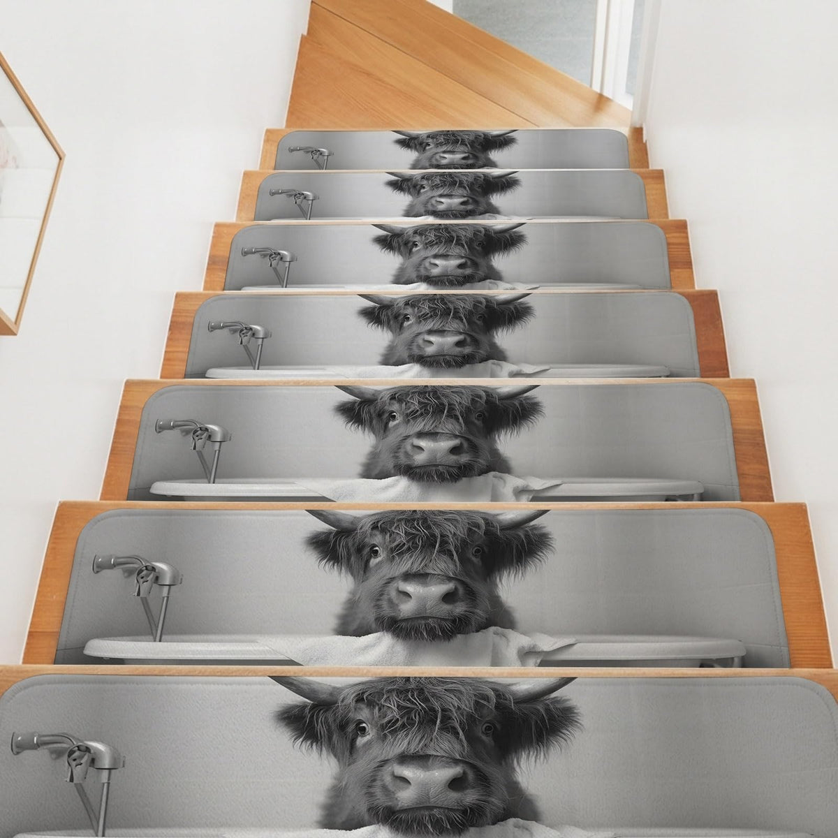 Highland Cow Non Slip Carpet Stair Treads Set of 4 Grey 30"x8" W160