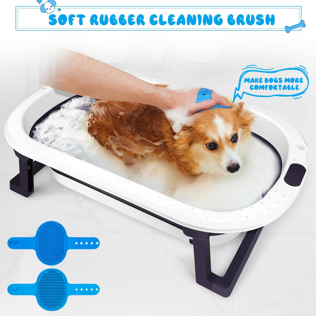 Collapsible Pet Bathtub with Water Drain Plug and Grooming Brush C1356