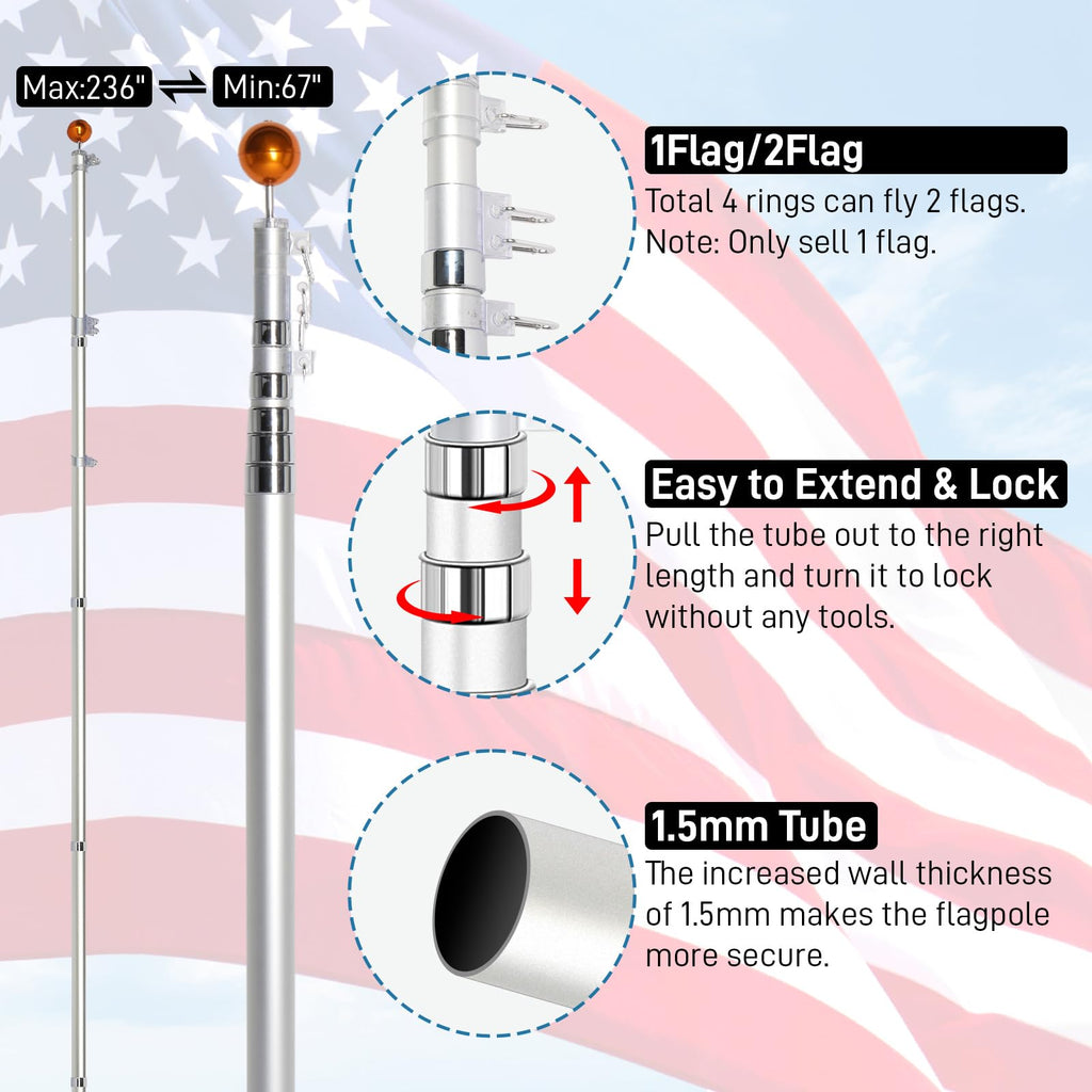 20FT Sectional Heavy Duty Aluminum Flag Pole Kit with 3x5 ft American Flag T316830