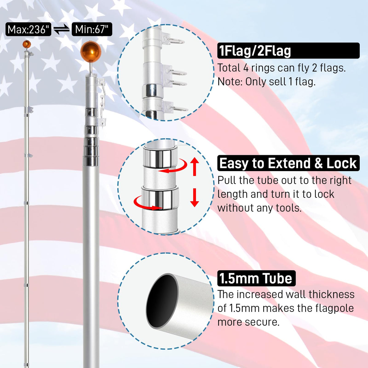 20FT Sectional Heavy Duty Aluminum Flag Pole Kit with 3x5 ft American Flag T316830