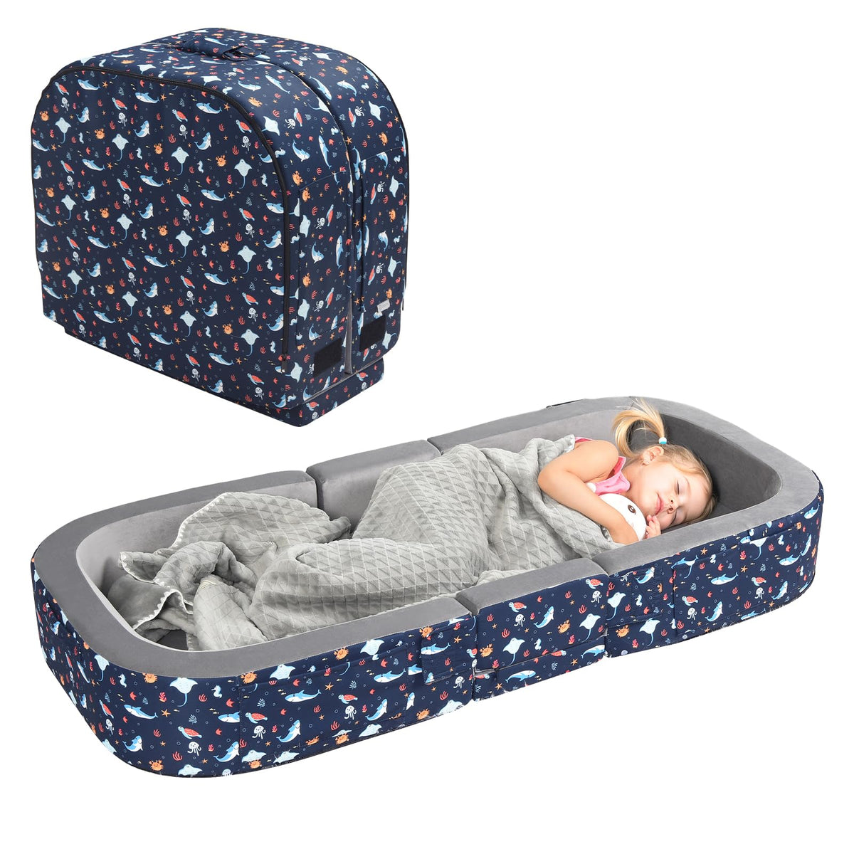 2-in-1 Foldable Toddler Travel Bed with Foam Safety Rails S478