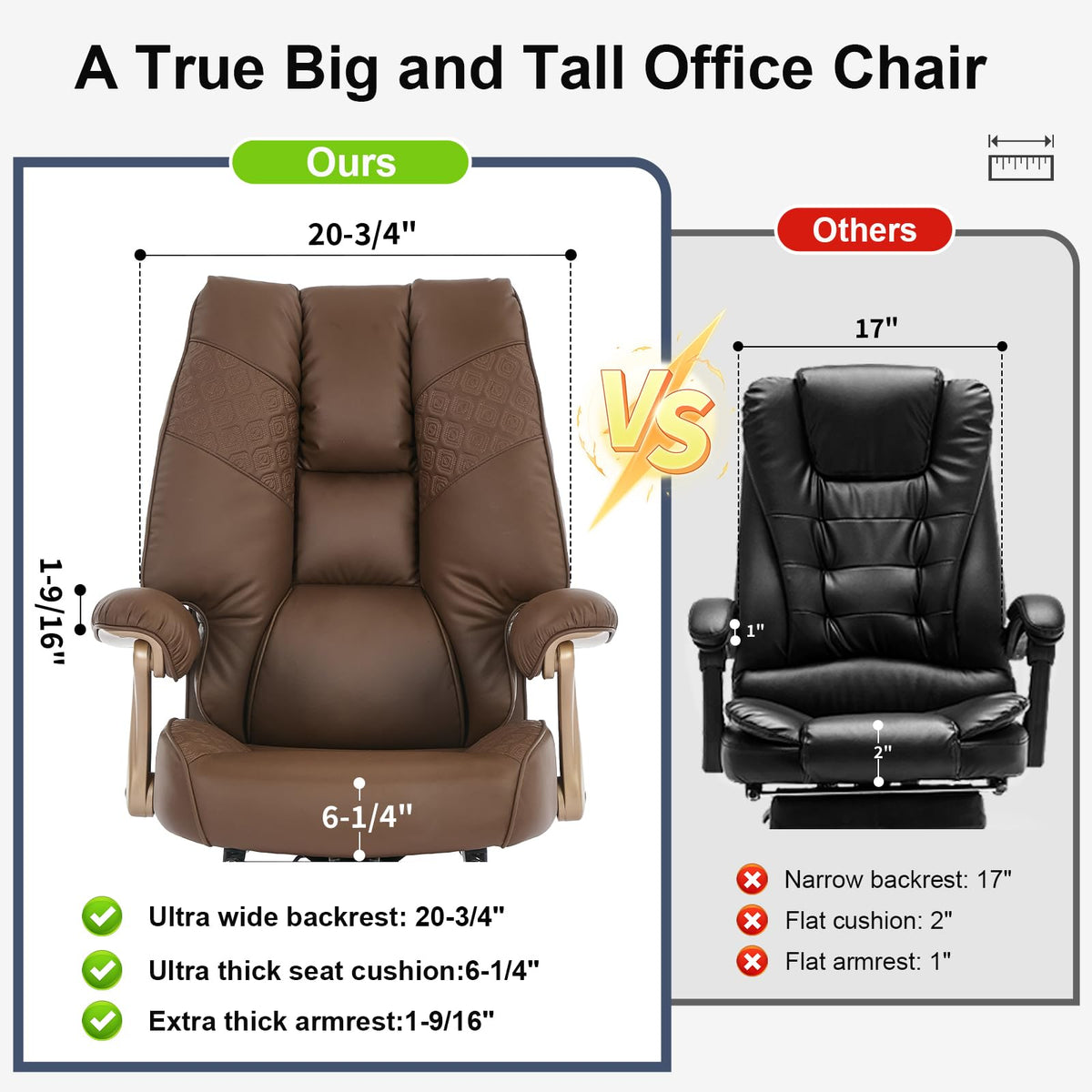 Big and Tall Ergonomic Office Chair with Footrest, 400LBS Capacity Brown PU Leather G105699