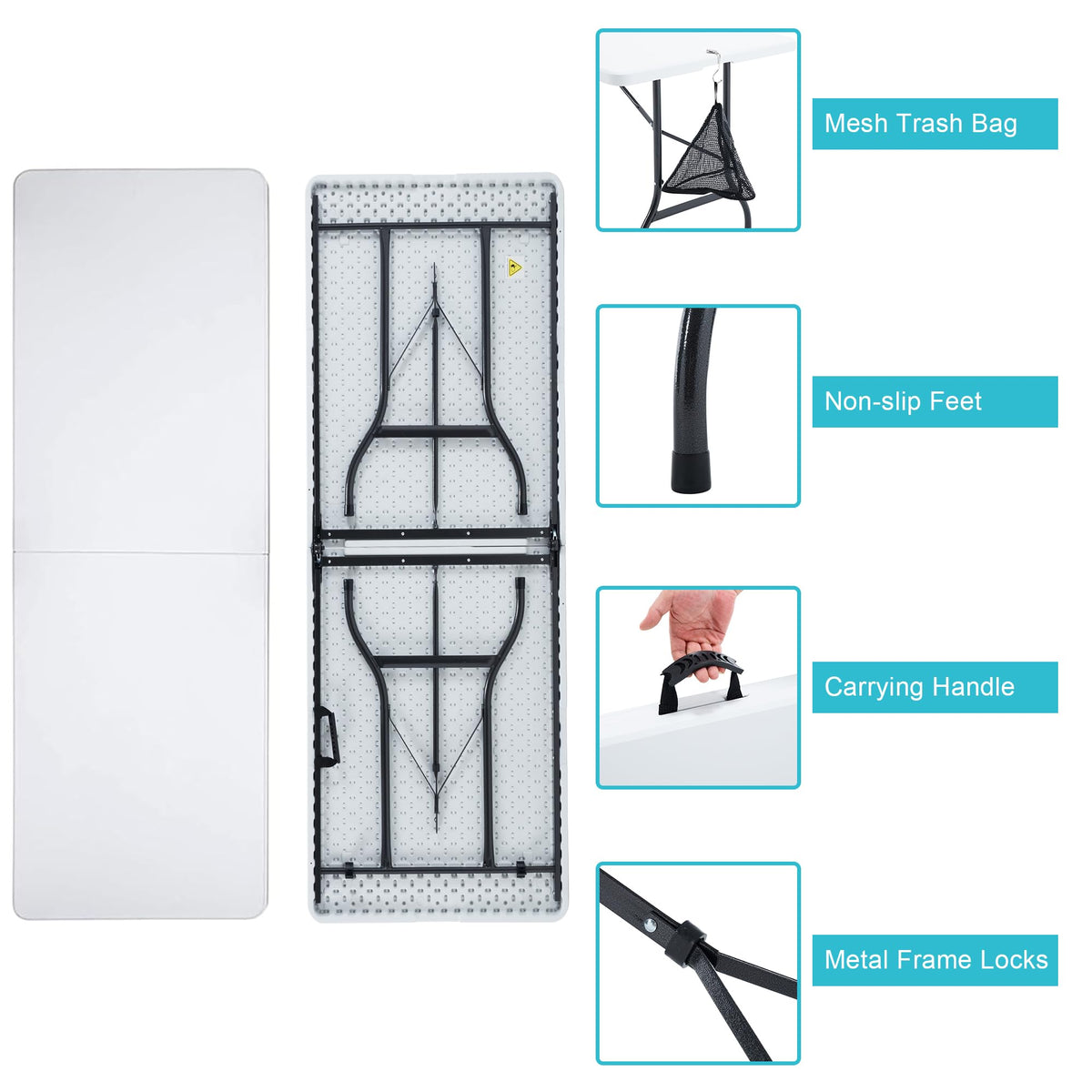 6Ft White Folding Picnic Table Z5594
