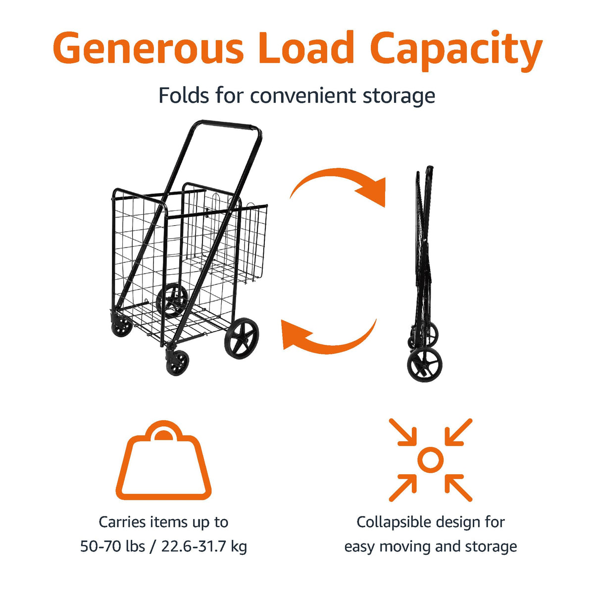 Foldable Utility Cart with 360-Degree Wheels, X-Large, Black W8774