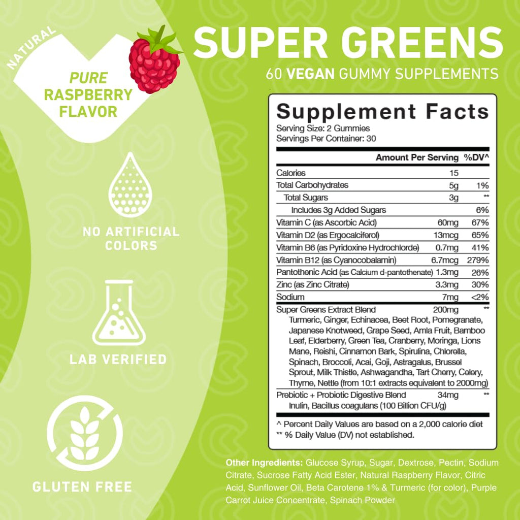Super Greens Gummies with Spirulina, Spinach, Broccoli, Beet Root, Acai, Vegan, 60 Count A584