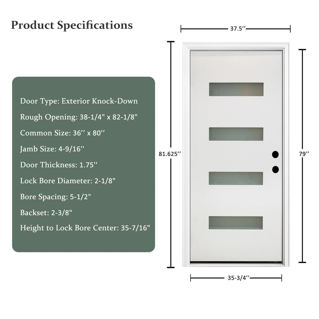 Fiberglass Exterior Front Door 36x80in Left-Hand Inswing Frosted Glass White Primed N762