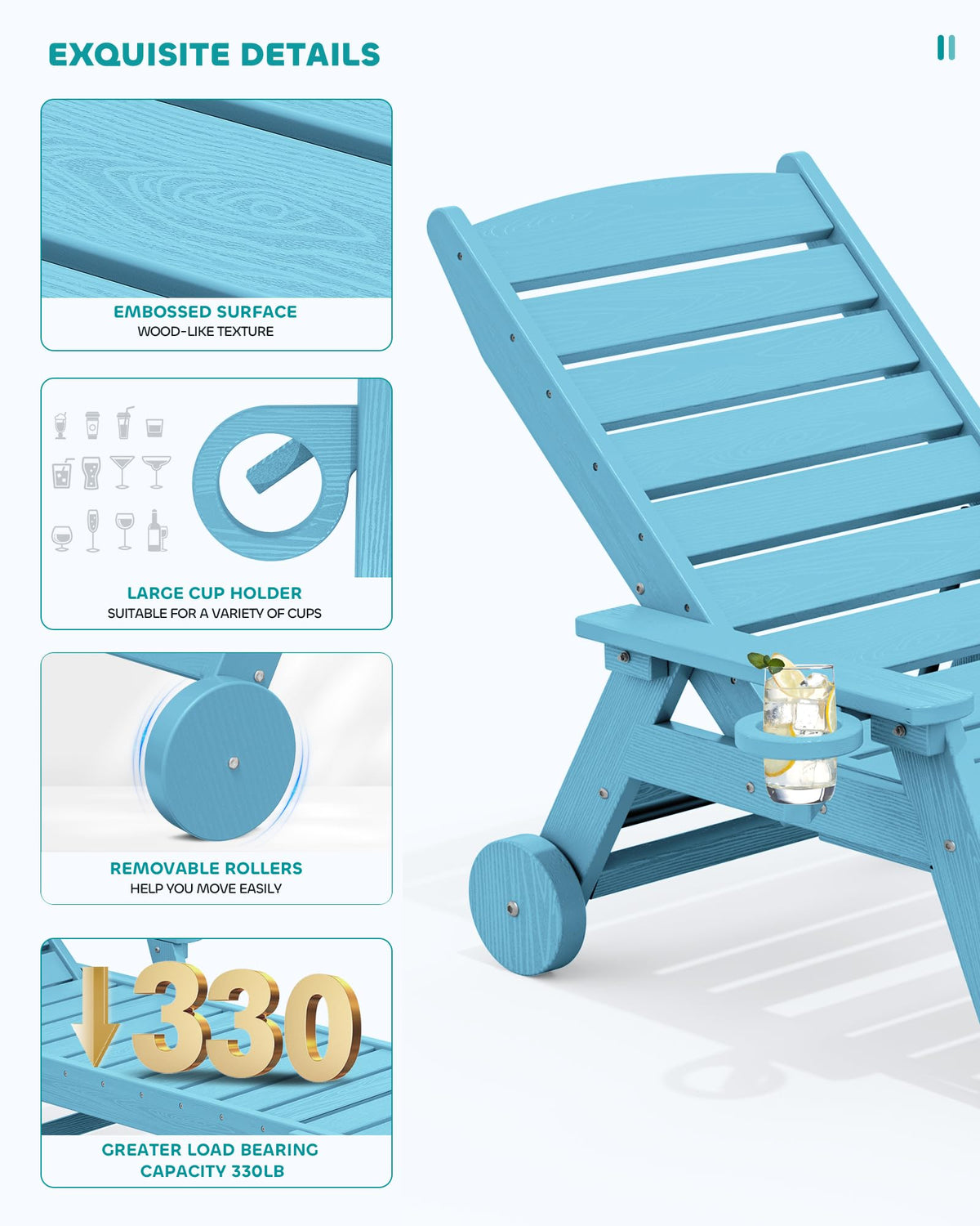 Light Blue Outdoor Lounge Chair Set of 2 with Cup Holder E1799