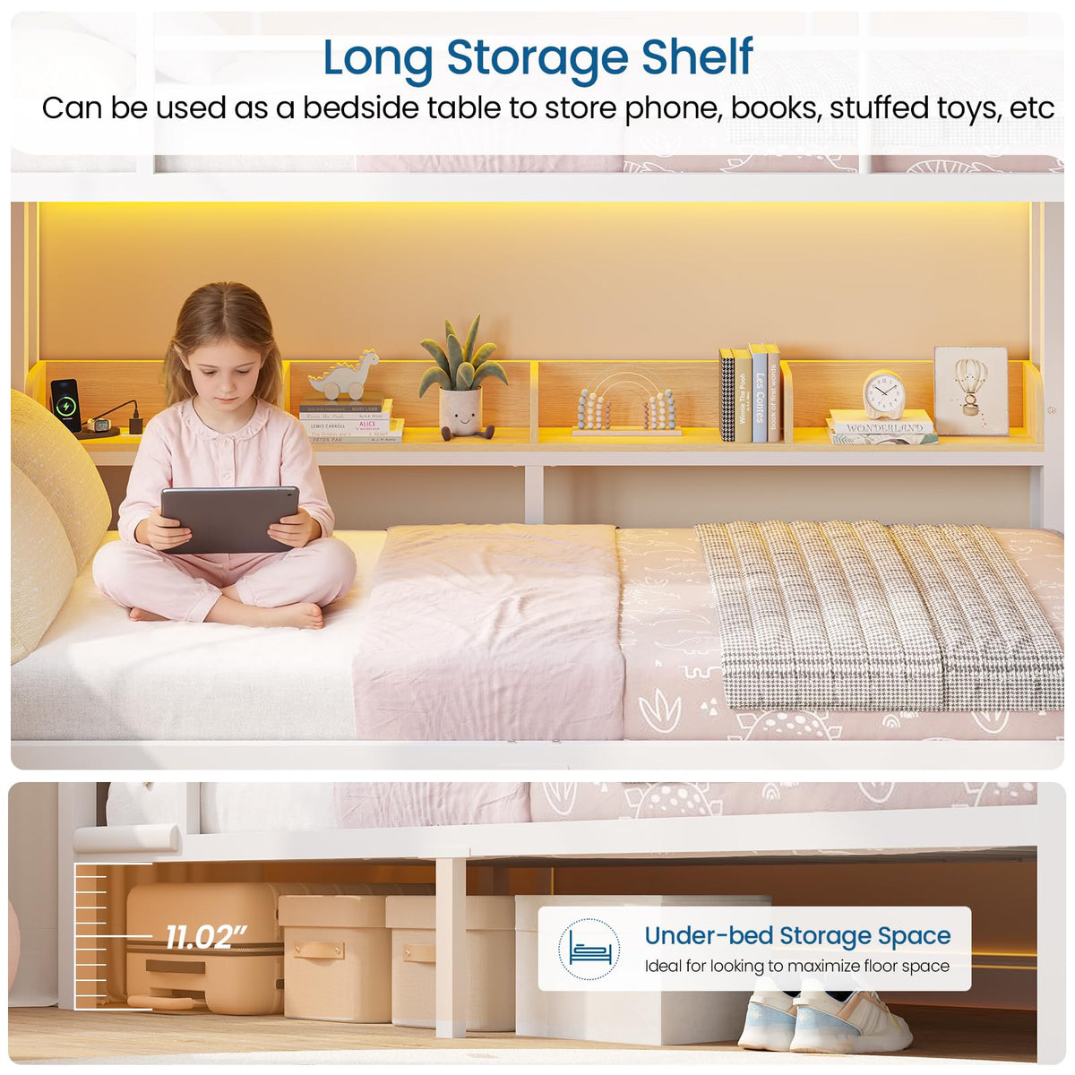 Twin Over Twin Bunk Bed with 6 Storage Drawers, Shelves, LED Lights and Ladder G301020