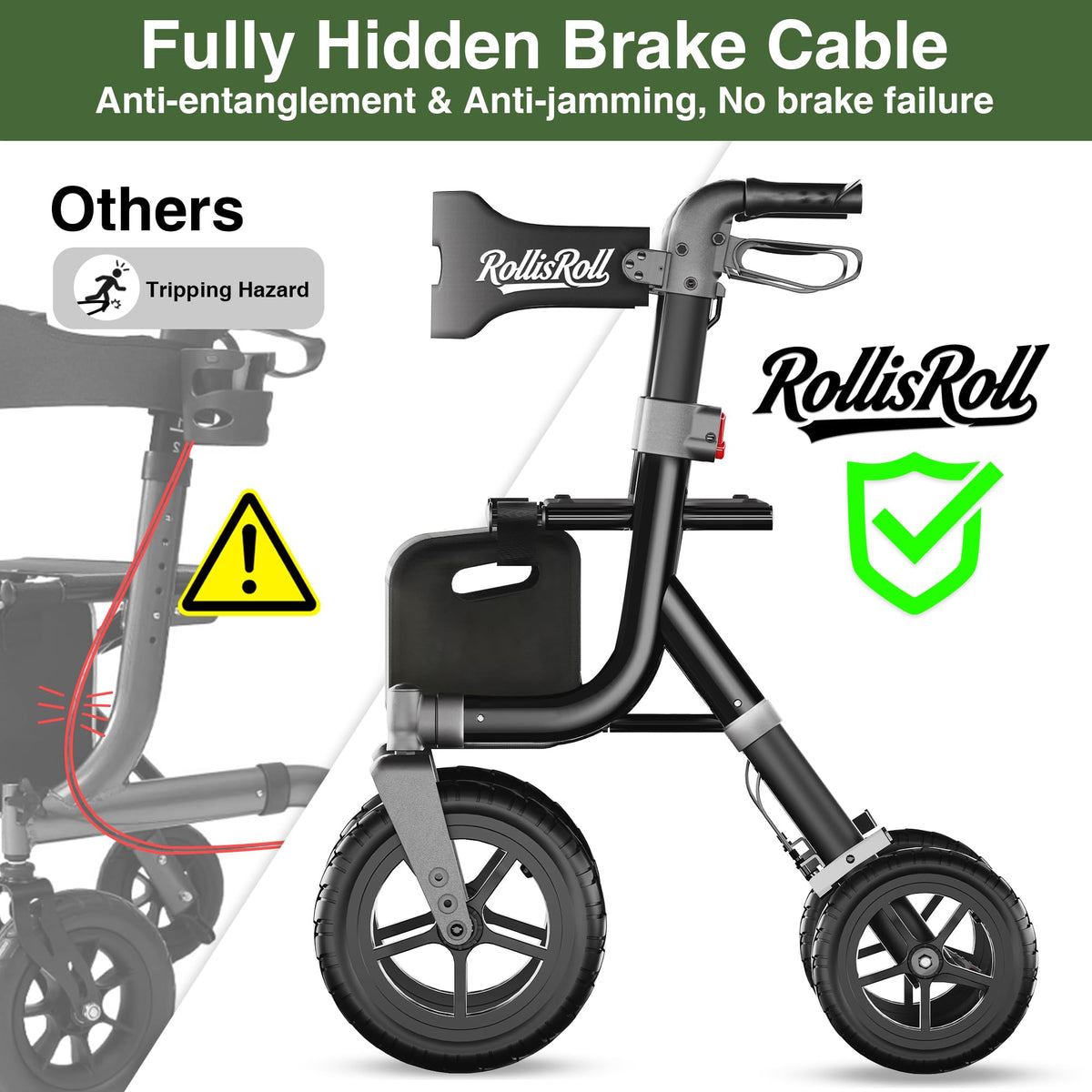 Black Foldable Rollator Walker with Seat, Backrest, 12" Rubber Wheels R922