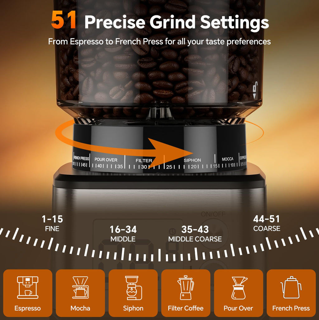 Conical Burr Coffee Grinder, 51 Grind Settings, 1-12 Cups, Stainless Steel U30155