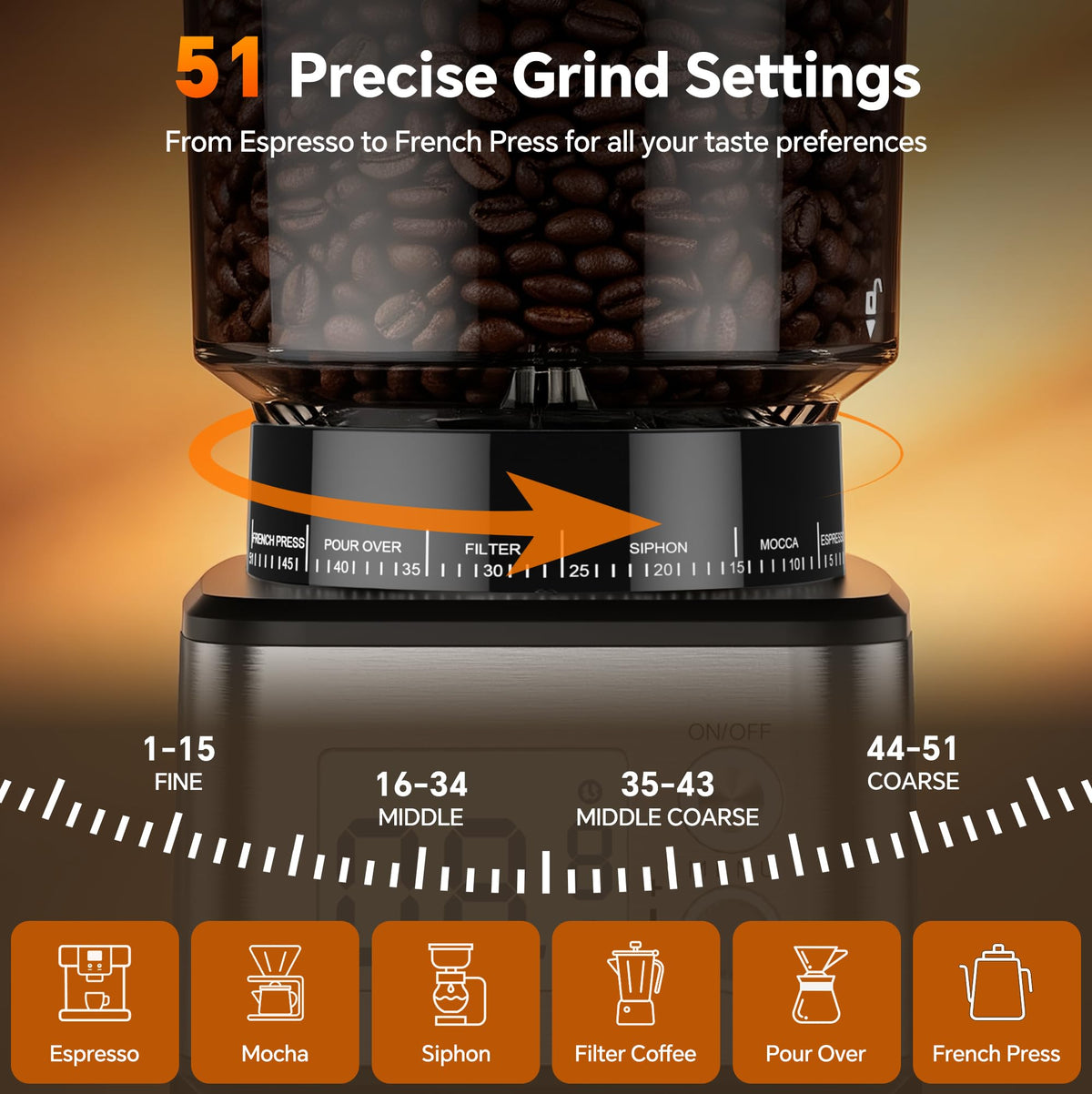Conical Burr Coffee Grinder, 51 Grind Settings, 1-12 Cups, Stainless Steel U30155