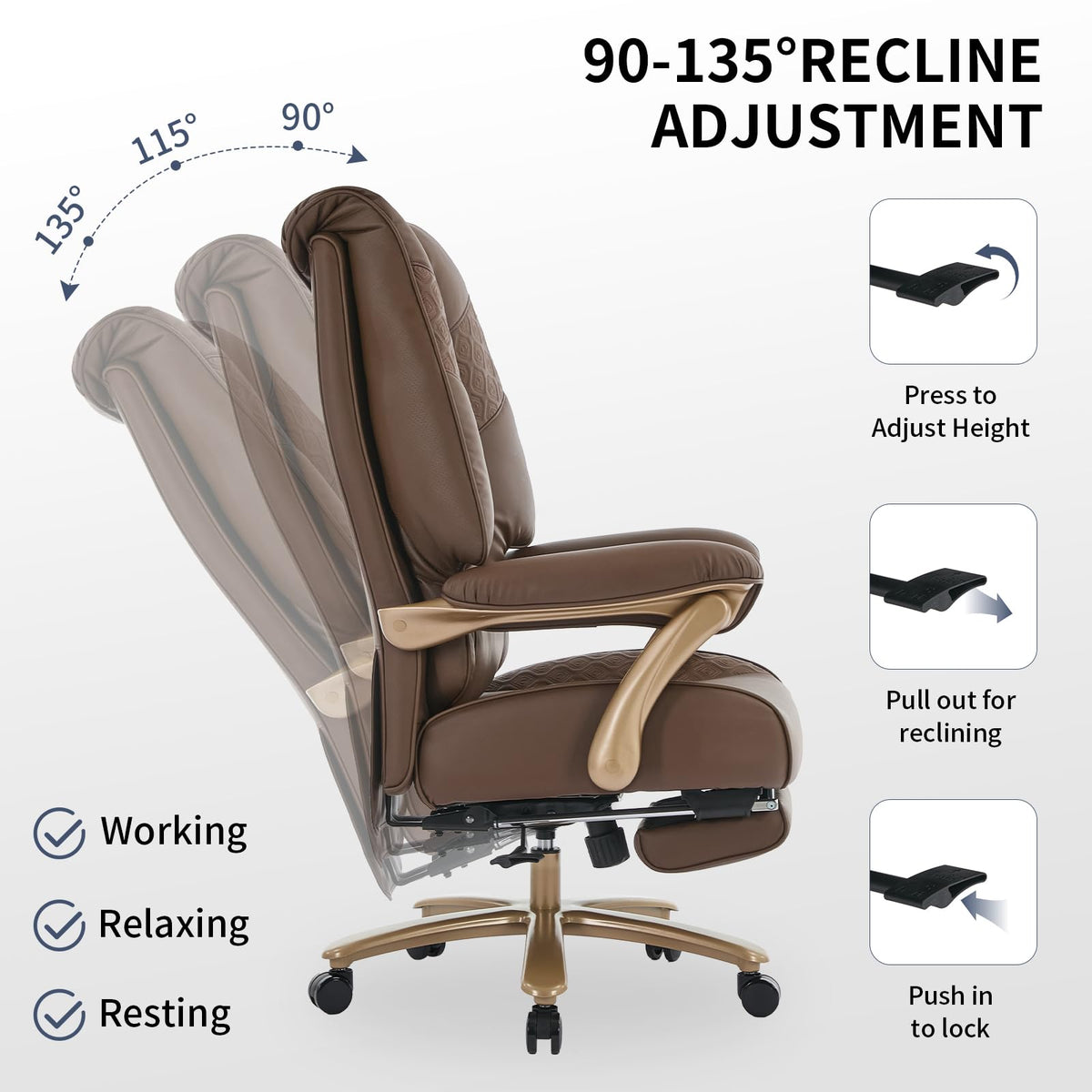 Big and Tall Ergonomic Office Chair with Footrest, 400LBS Capacity Brown PU Leather G105699