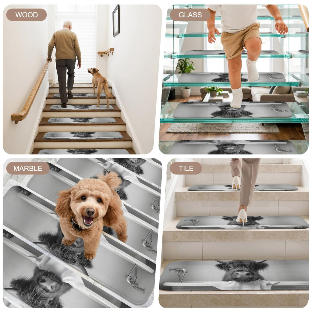 Highland Cow Non Slip Carpet Stair Treads Set of 4 Grey 30"x8" W160