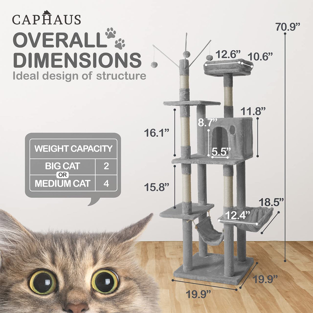 70-Inch Multi-Level Cat Tree with Hammock and Cat Cave V376
