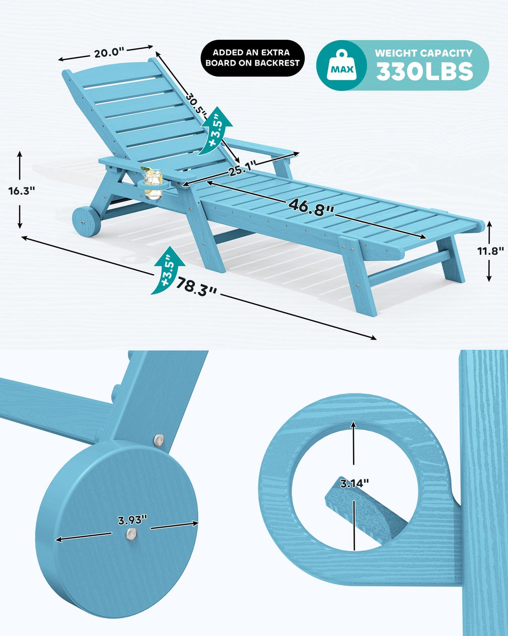 Light Blue Outdoor Lounge Chair Set of 2 with Cup Holder E1799