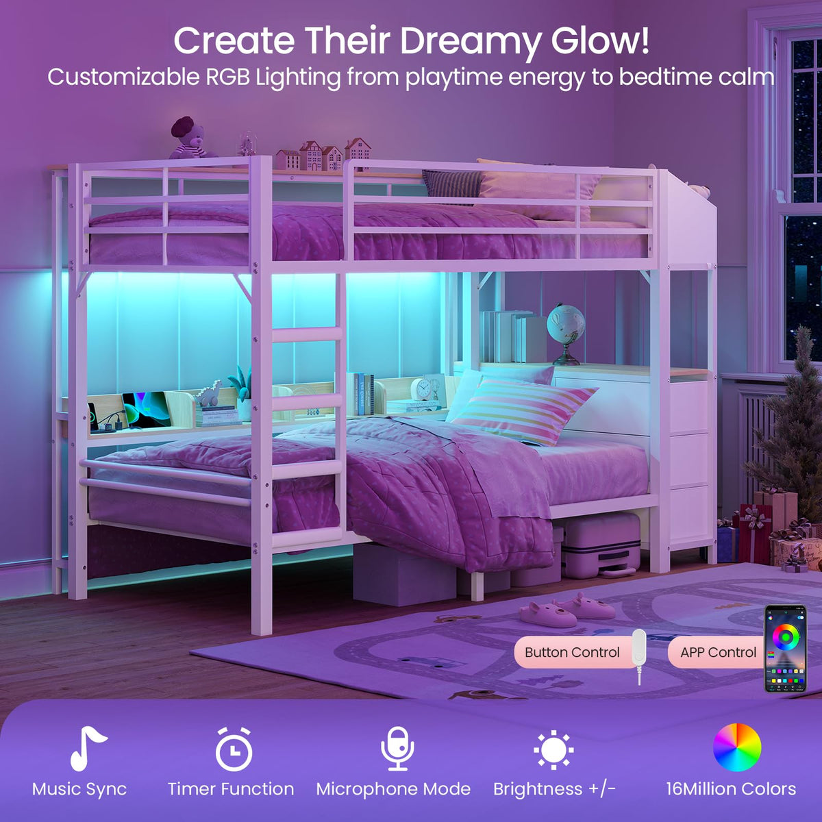 Twin Over Twin Bunk Bed with 6 Storage Drawers, Shelves, LED Lights and Ladder G301020