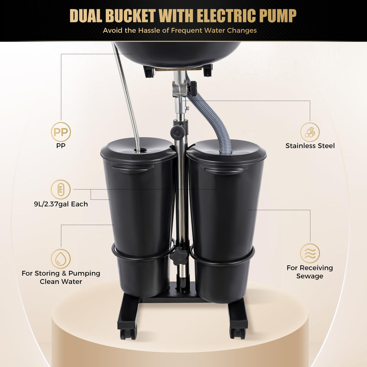 Portable Shampoo Bowl with Electric Pump, 2 Buckets, Adjustable Height Q104184
