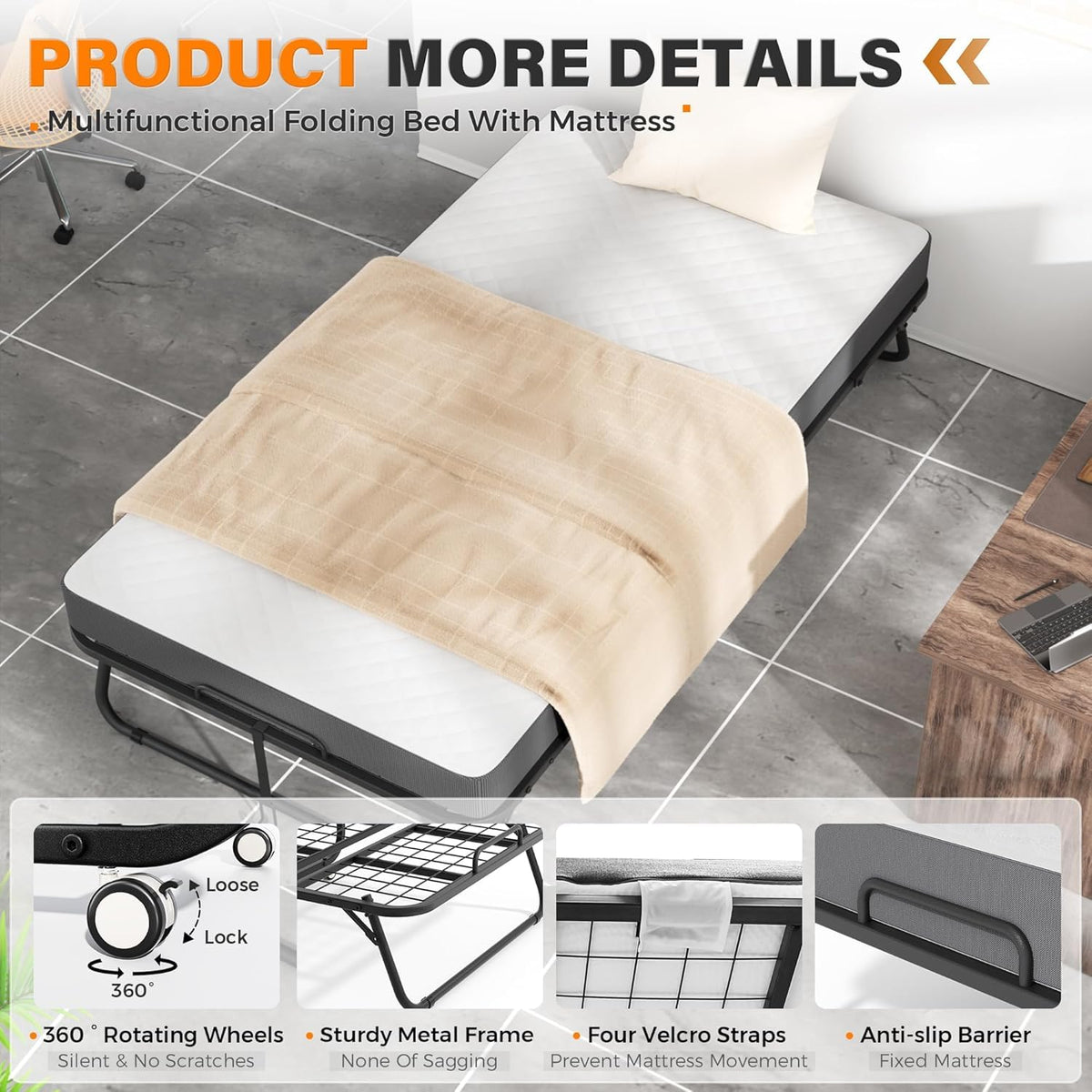 Folding Guest Bed Single Size with 5 Inch Memory Foam Mattress Y880359