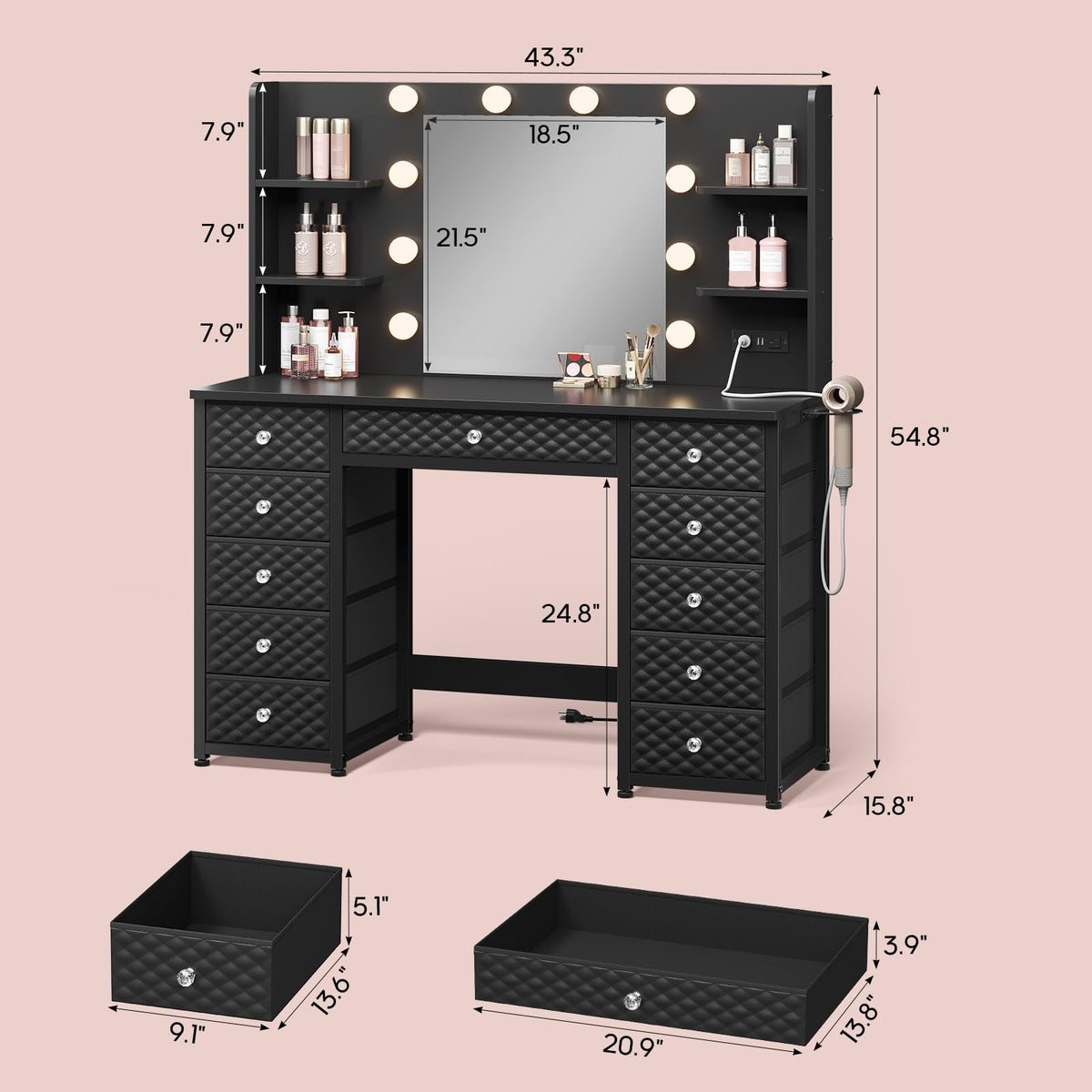 Black Vanity Desk with Mirror and Lights, 11 Drawers M769647